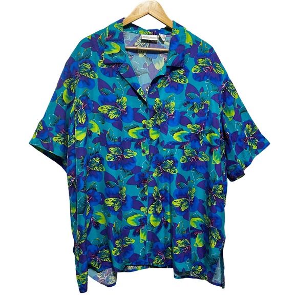 Elisabeth Tops - Vintage 90s Elisabeth Women Tropical Floral Button Front Top 20 Teal Silk Resort